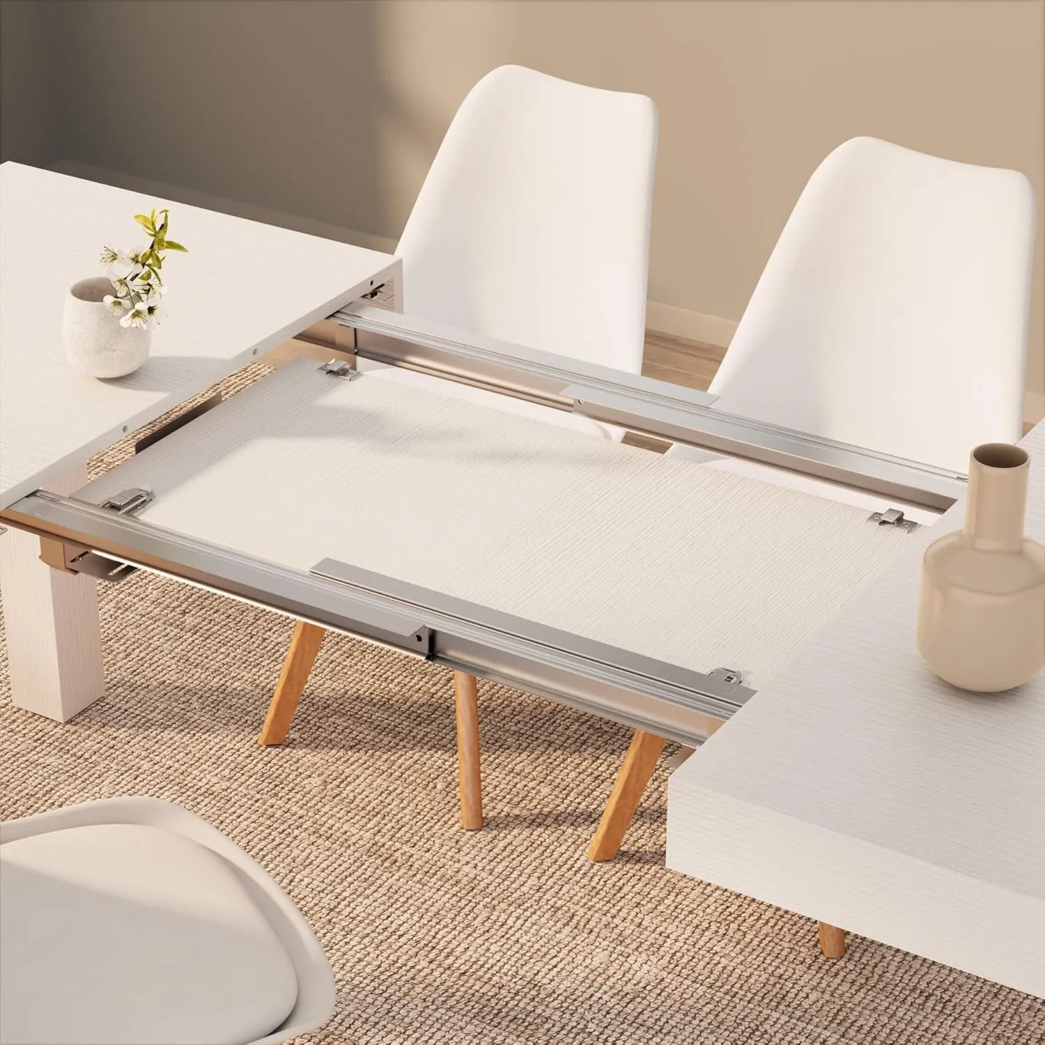 Mobili Fiver, First Extendable Table, 47,2(77,6) x31,5 in, Ashwood White, for 6-8 People, Expandable Dining Table for Kitchen, Living Room, Italian Furniture
