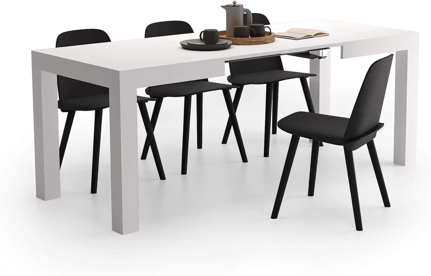 Mobili Fiver, First Extendable Table, 47,2(77,6) x31,5 in, Ashwood White, for 6-8 People, Expandable Dining Table for Kitchen, Living Room, Italian Furniture