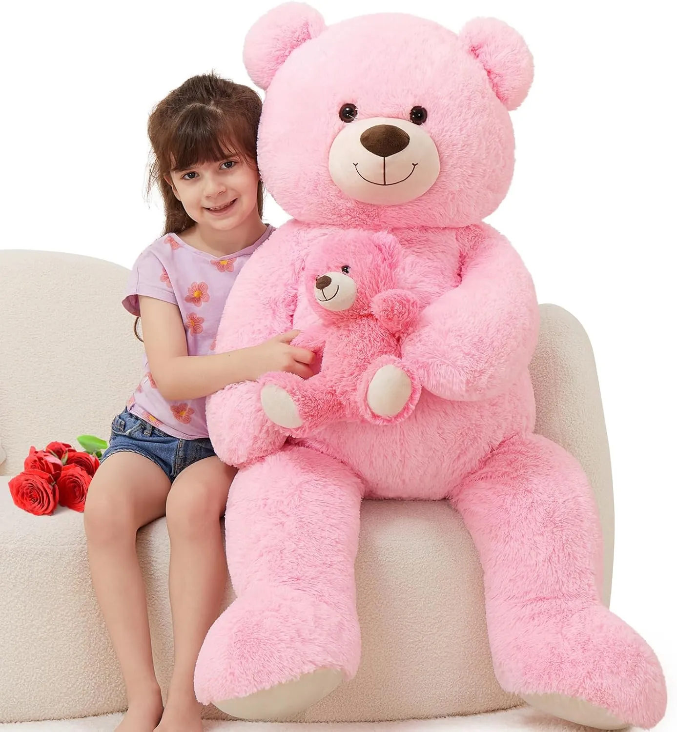 MorisMos Giant Teddy Bear Stuffed Animals for Girlfriend, 43'' Large Stuffed Bear, 2-in-1 Mommy and Baby Teddy Bear for Baby Shower, Pink Teddy Bear Plush Toys for Kid Birthday Mother Valentine's Gift