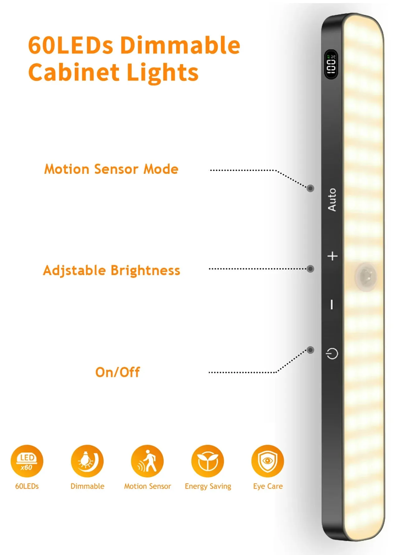 Motion Sensor Cabinet Warm Light: Battery-Powered 60 LED Touch Light Bar