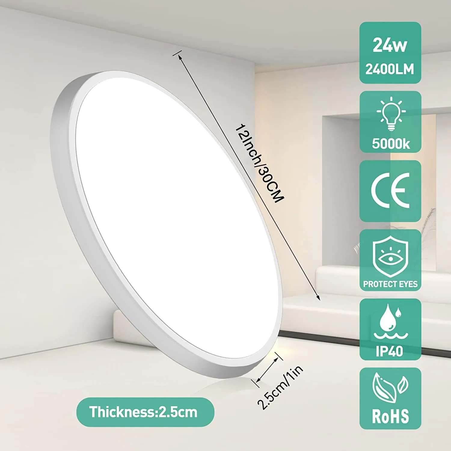 Motion Sensor Ceiling Light Wired - 12 Inch Motion Activated Flush Mount Lighting Fixture - 24W LED Ceiling Light for Closet, Hallway, Porch, Laundry, Garage, Basements - 5000K White