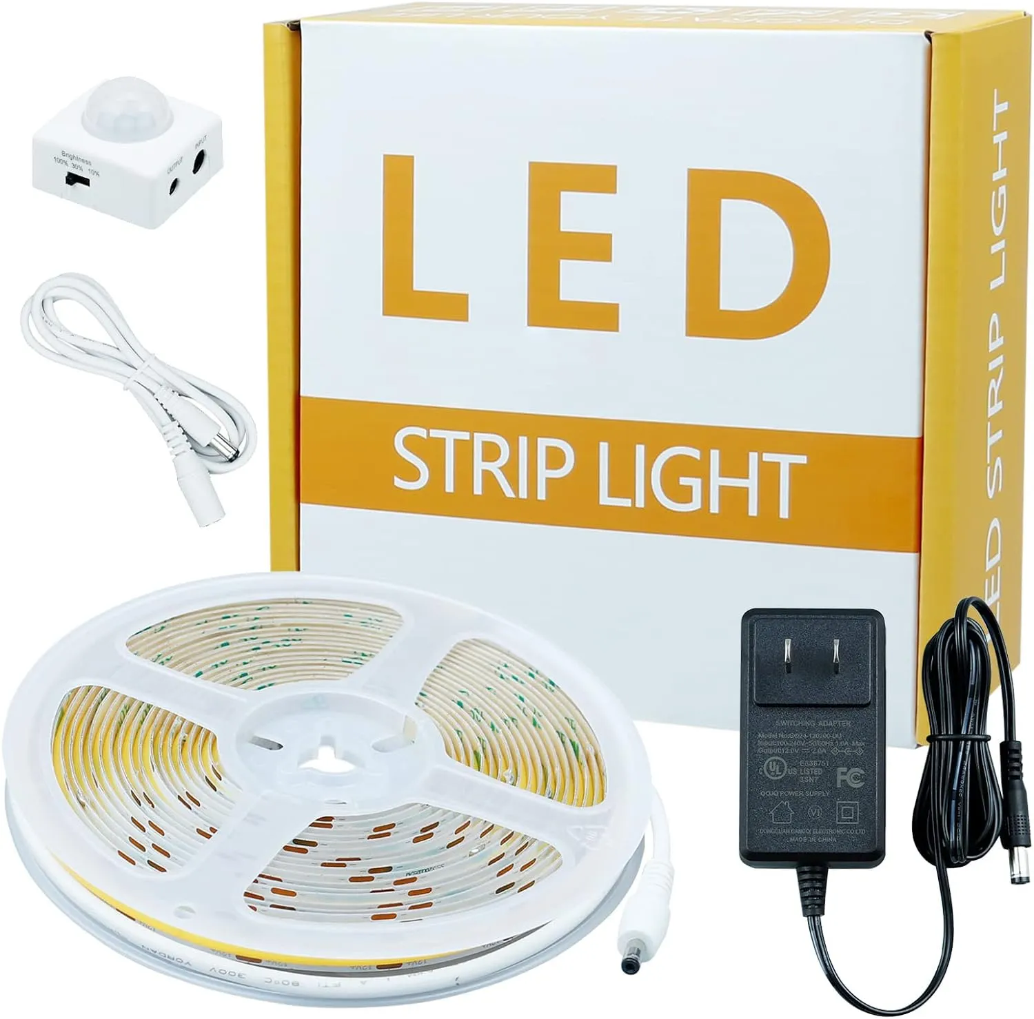 Motion Sensor COB LED Light Strip 16.4ft(5M) Warm White 3000K 3 Lighting Modes 3 Timing Off Modes 3 Brightness Modes with Power Adapter for Kitchen Cabinets Stair Showcase Bedroom Bed