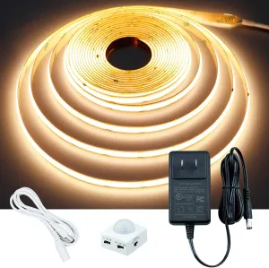 Motion Sensor COB LED Light Strip 16.4ft(5M) Warm White 3000K 3 Lighting Modes 3 Timing Off Modes 3 Brightness Modes with Power Adapter for Kitchen Cabinets Stair Showcase Bedroom Bed