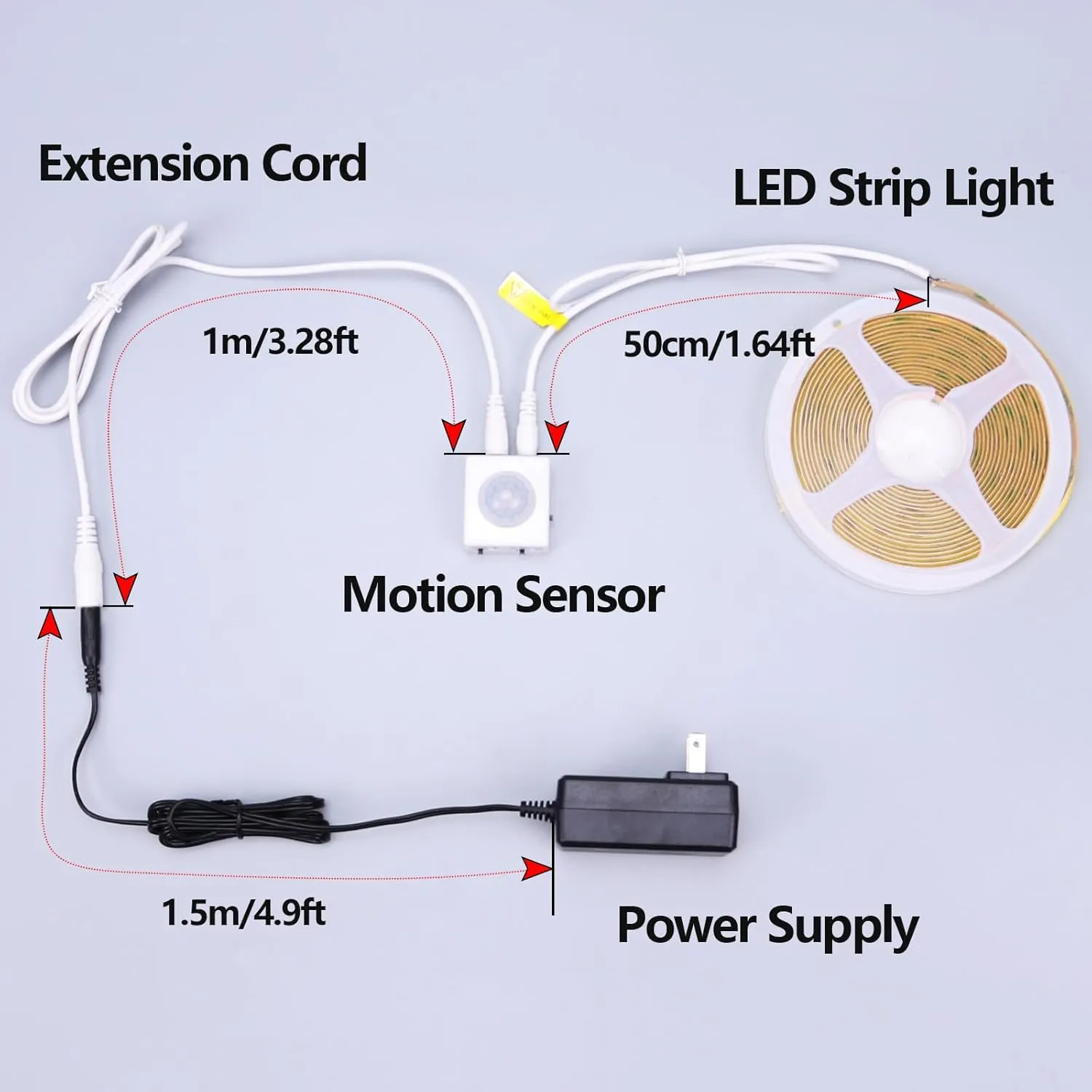 Motion Sensor COB LED Light Strip 16.4ft(5M) Warm White 3000K 3 Lighting Modes 3 Timing Off Modes 3 Brightness Modes with Power Adapter for Kitchen Cabinets Stair Showcase Bedroom Bed