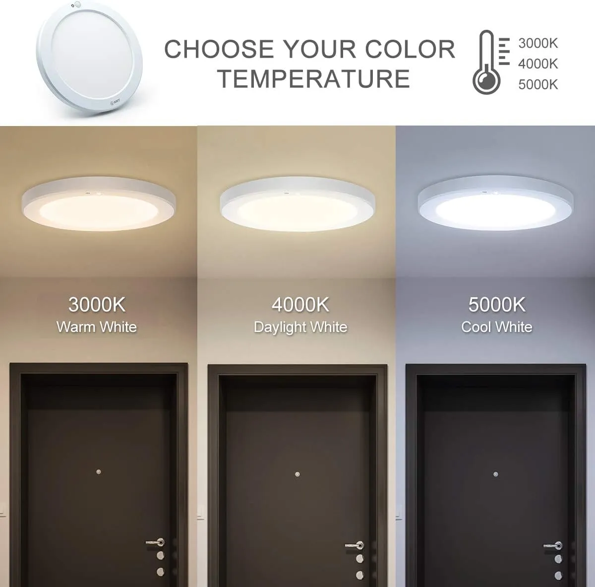 Motion Sensor LED Ceiling Light With 30s/180s Timeout Adjustable,15W 1500LM Round Panel Lighting Fixture For Stairs Toilet Closets,Warm White 3000K Natural White 4000K Cool White 5000K Available