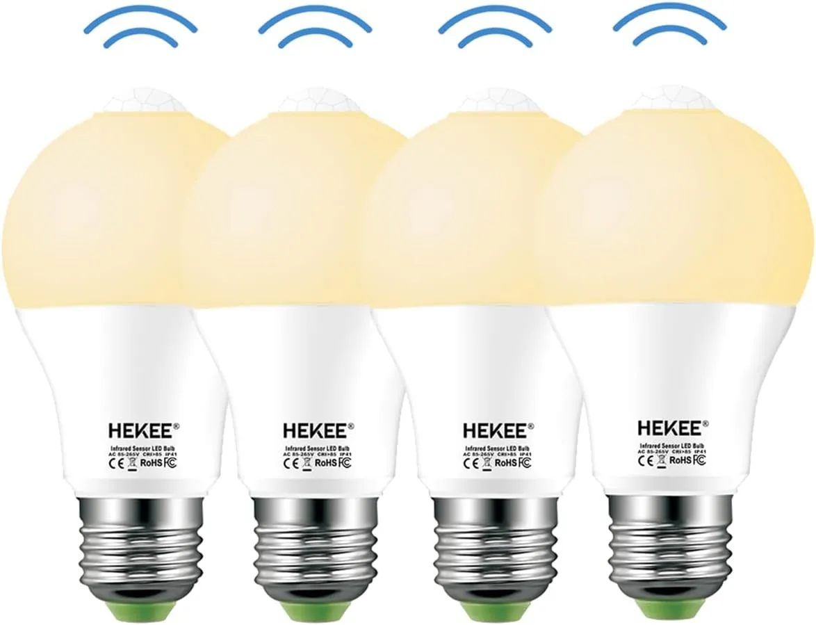 Motion Sensor LED Light Bulb 9W A19 PIR Built-in IR 60W Equivalent Bright 810 Lumens E26 Base Warm White Bulbs (4 Packs)