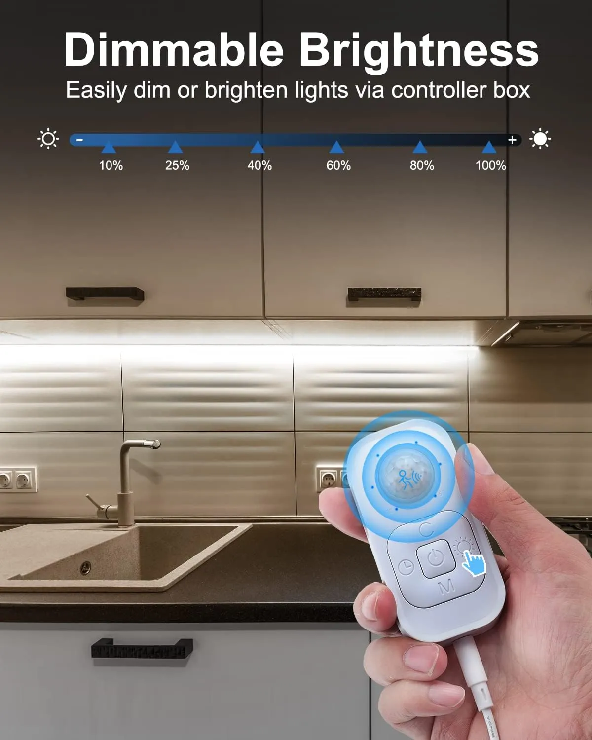 Motion Sensor Led Light Strip - Under Cabinet Lighting with Power Adapter, 6 Adjustable Brightness and Timing, Light Strips for Kitchen Cabinets, Stair, Showcase, Bedroom, 16.4ft 6000K ColdWhite