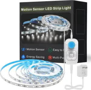 Motion Sensor Led Light Strip - Under Cabinet Lighting with Power Adapter, 6 Adjustable Brightness and Timing, Light Strips for Kitchen Cabinets, Stair, Showcase, Bedroom, 16.4ft 6000K ColdWhite