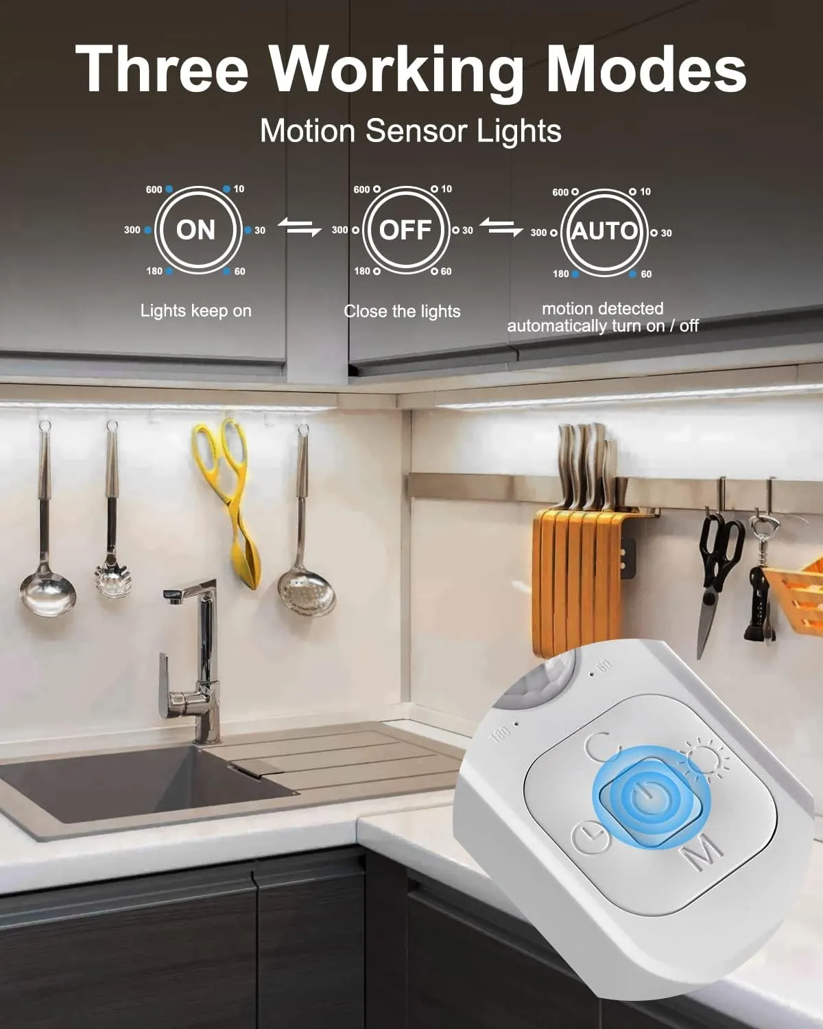 Motion Sensor Led Light Strip - Under Cabinet Lighting with Power Adapter, 6 Adjustable Brightness and Timing, Light Strips for Kitchen Cabinets, Stair, Showcase, Bedroom, 16.4ft 6000K ColdWhite
