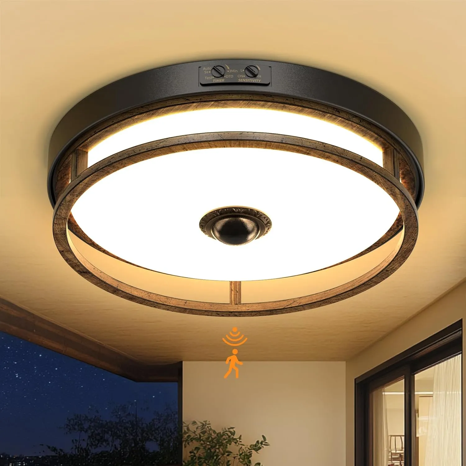 Motion Sensor Outdoor Ceiling Light, Outdoor Flush Mount LED Farmhouse Ceiling Light Fixtures, 12" Dusk to Dawn Porch Lights for Outdoor Ceiling, Rustic Ceiling Lamp for Entryway