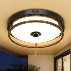 Motion Sensor Outdoor Ceiling Light, Outdoor Flush Mount LED Farmhouse Ceiling Light Fixtures, 12" Dusk to Dawn Porch Lights for Outdoor Ceiling, Rustic Ceiling Lamp for Entryway