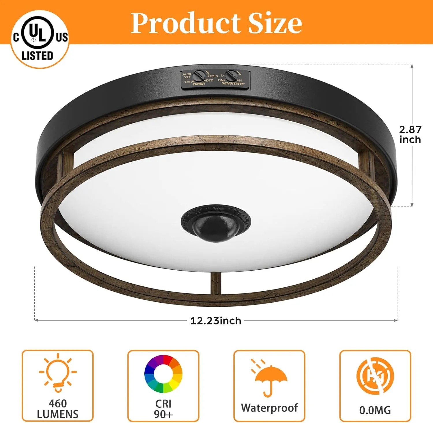 Motion Sensor Outdoor Ceiling Light, Outdoor Flush Mount LED Farmhouse Ceiling Light Fixtures, 12" Dusk to Dawn Porch Lights for Outdoor Ceiling, Rustic Ceiling Lamp for Entryway