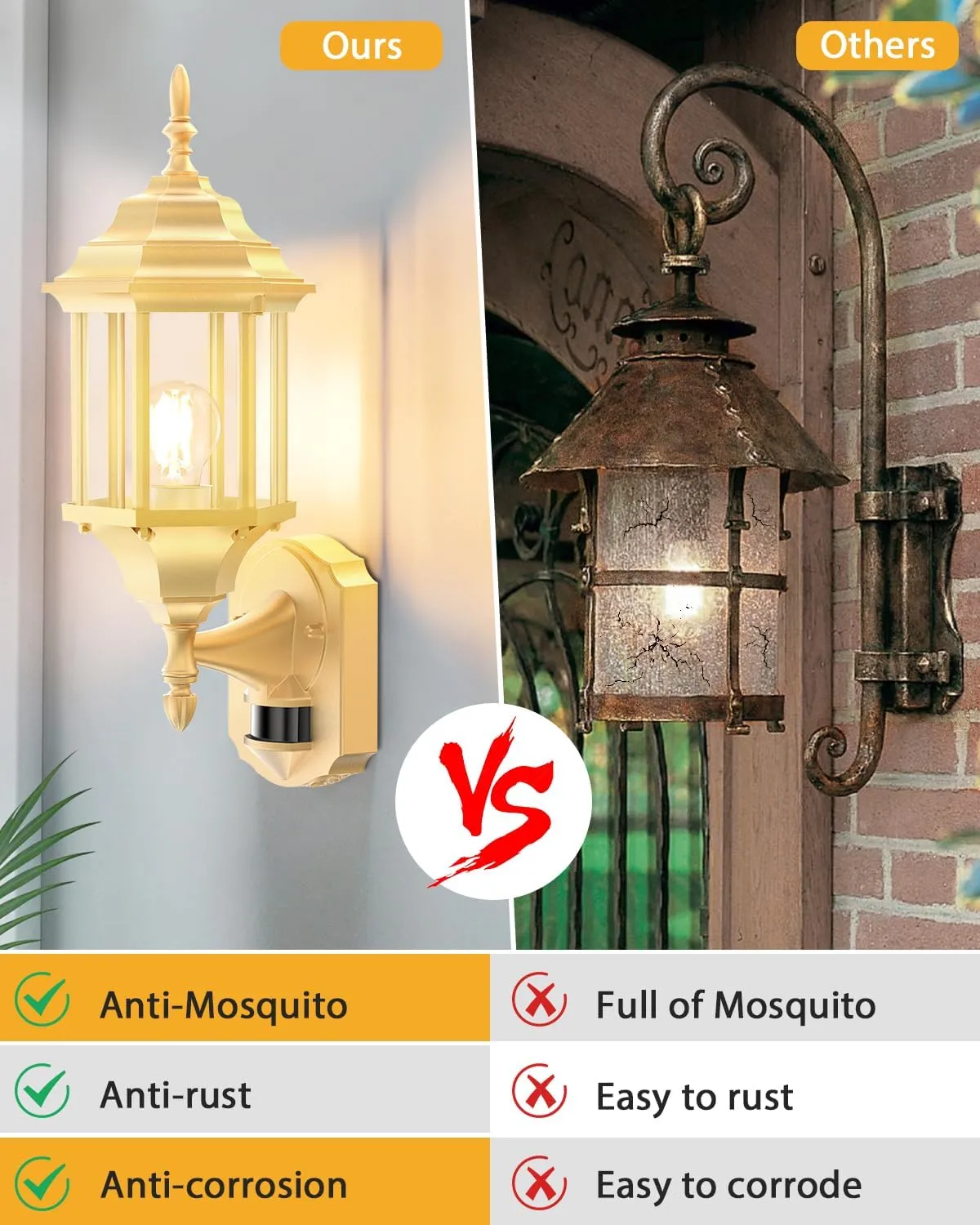 Motion Sensor Outdoor Lights, 16 inch Dusk to Dawn Outside Porch Lights, Waterproof Anti-Rust Aluminum Outdoor Wall Lights Exterior Lighting Fixtures for House, Garage, Front Door, Gold