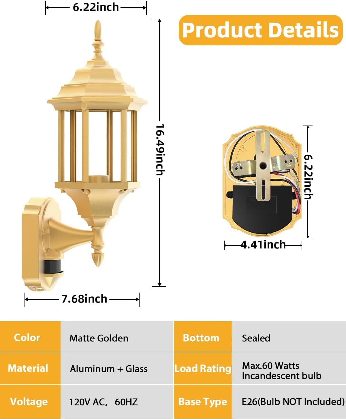 Motion Sensor Outdoor Lights, 16 inch Dusk to Dawn Outside Porch Lights, Waterproof Anti-Rust Aluminum Outdoor Wall Lights Exterior Lighting Fixtures for House, Garage, Front Door, Gold