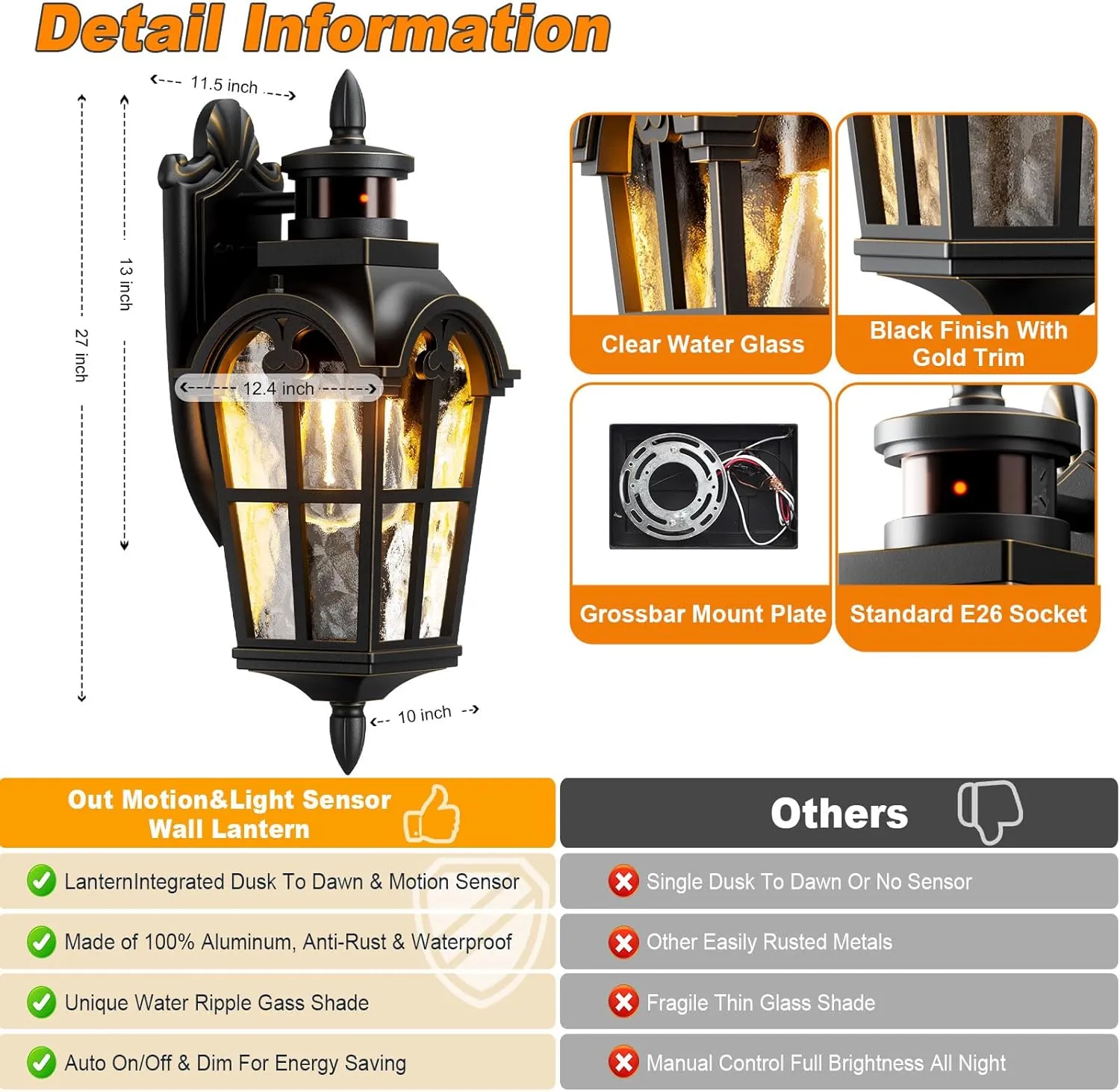 Motion Sensor Outdoor Lights 2 Pack, Dusk to Dawn Outdoor Wall Lights with 220° Detection & 3 Modes, IP65 Waterproof Exterior Lighting Fixtures for House Porch Patio Garage (Gold Trim)