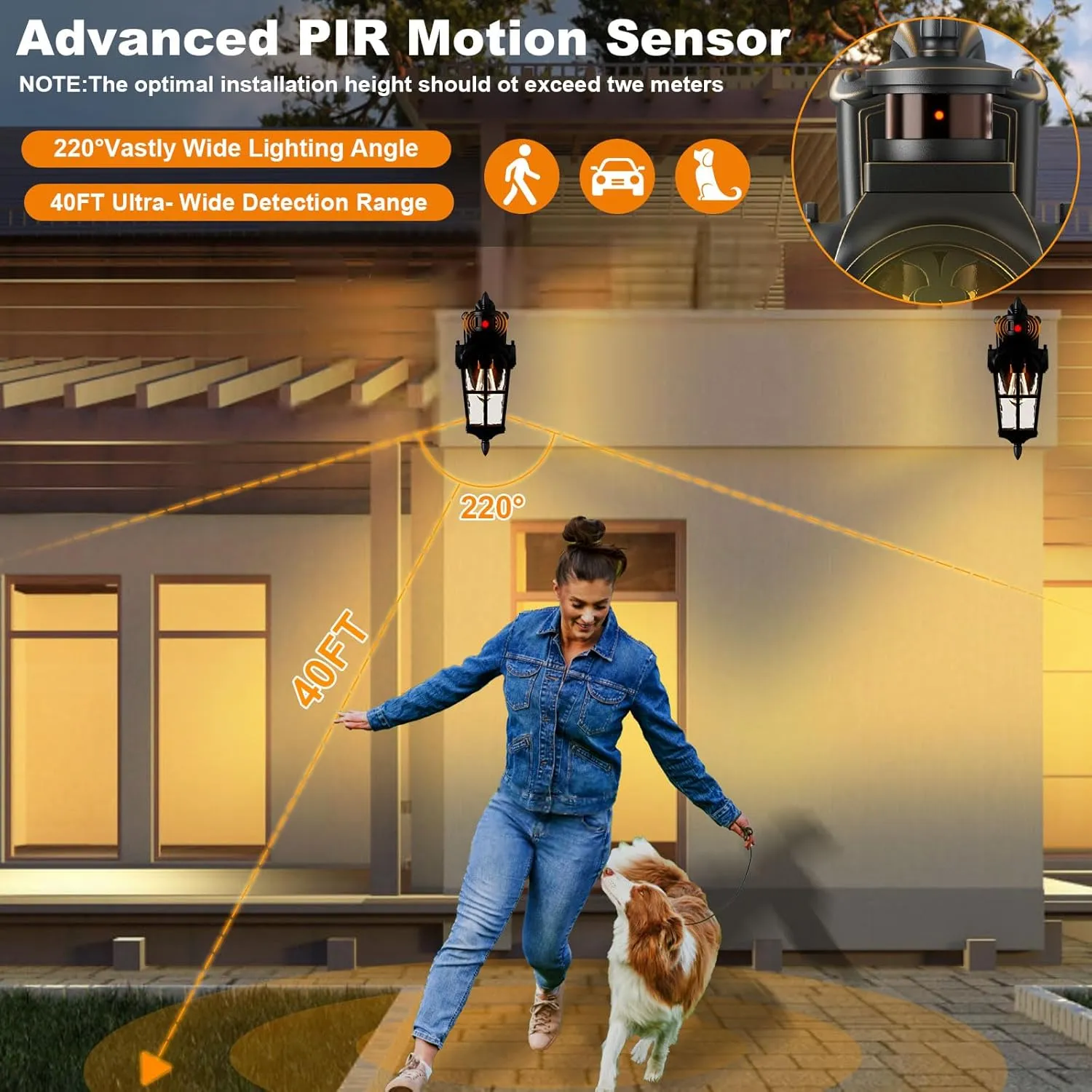 Motion Sensor Outdoor Lights 2 Pack, Dusk to Dawn Outdoor Wall Lights with 220° Detection & 3 Modes, IP65 Waterproof Exterior Lighting Fixtures for House Porch Patio Garage (Gold Trim)