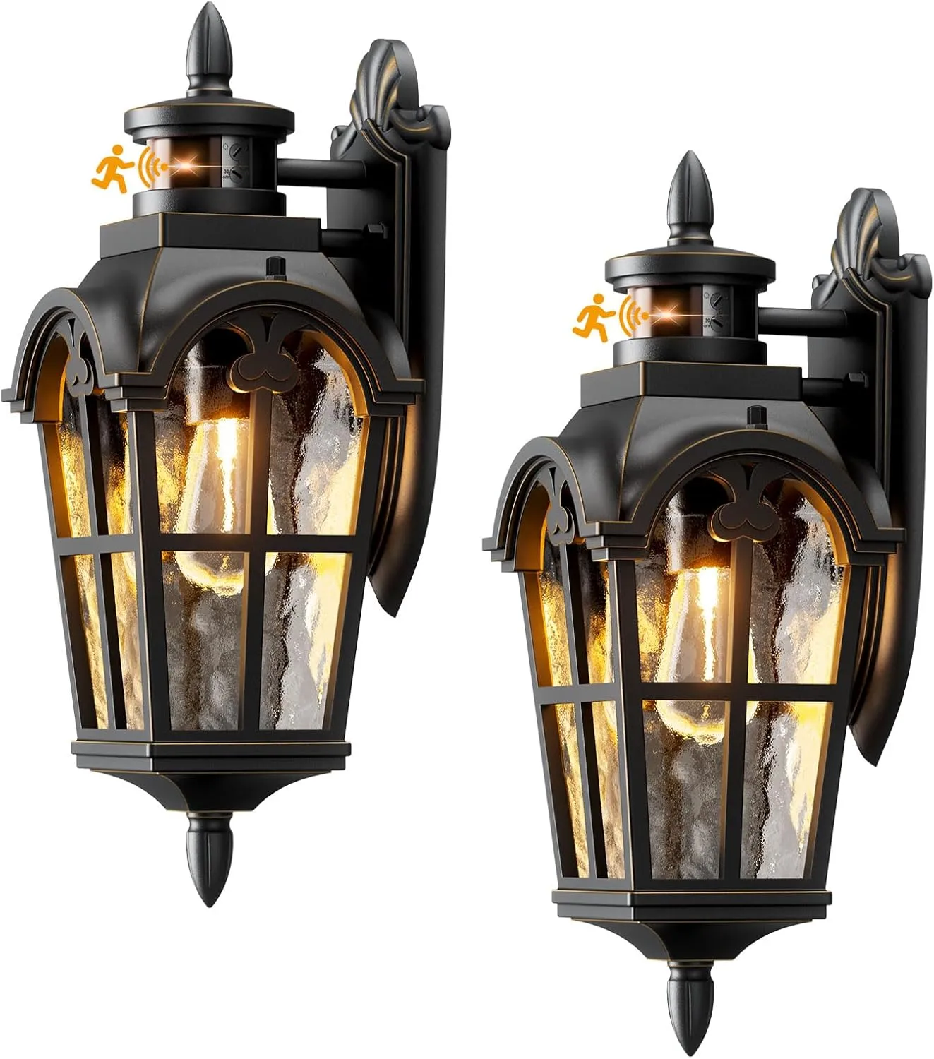 Motion Sensor Outdoor Lights 2 Pack, Dusk to Dawn Outdoor Wall Lights with 220° Detection & 3 Modes, IP65 Waterproof Exterior Lighting Fixtures for House Porch Patio Garage (Gold Trim)