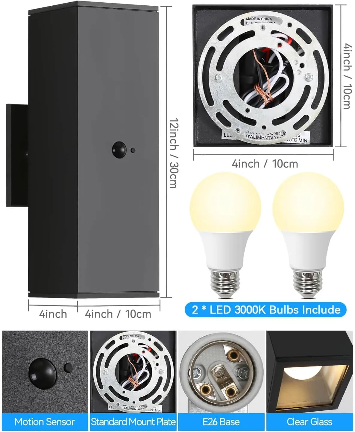Motion Sensor Outdoor Lights, Aluminum Dusk to Dawn Outdoor Lighting Matte Black Exterior Lighting Fixtures with E26 Base, Outside Lights for House Porch Garage Patio, LED Bulbs Included