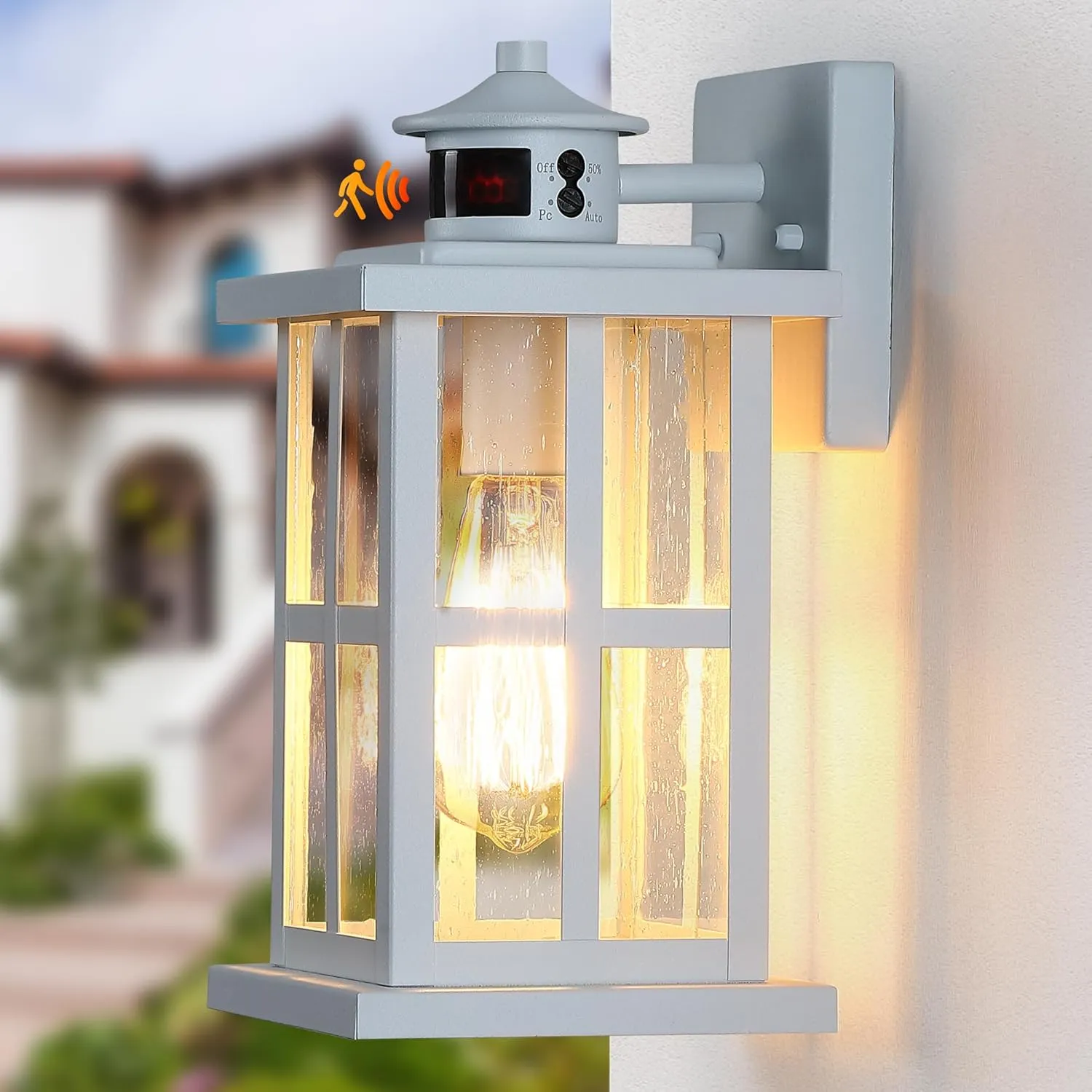 Motion Sensor Outdoor Porch Light Fixture,Dusk to Dawn Exterior Wall Mount Lantern Lighting,White Industrial Anti-Rust Wall Sconce for Door,Garage,Patio. HWBD001-1-WH-GY
