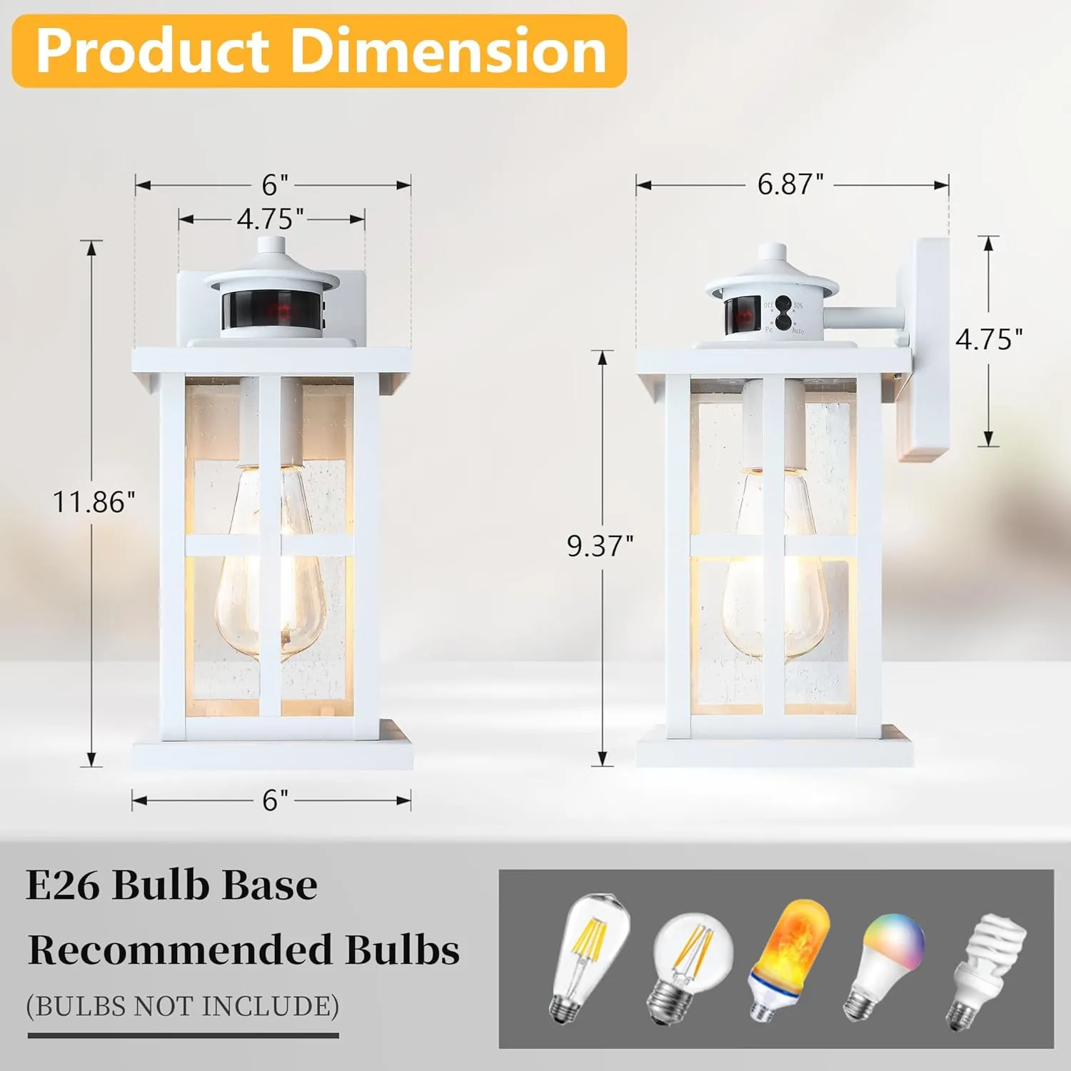 Motion Sensor Outdoor Porch Light Fixture,Dusk to Dawn Exterior Wall Mount Lantern Lighting,White Industrial Anti-Rust Wall Sconce for Door,Garage,Patio. HWBD001-1-WH-GY