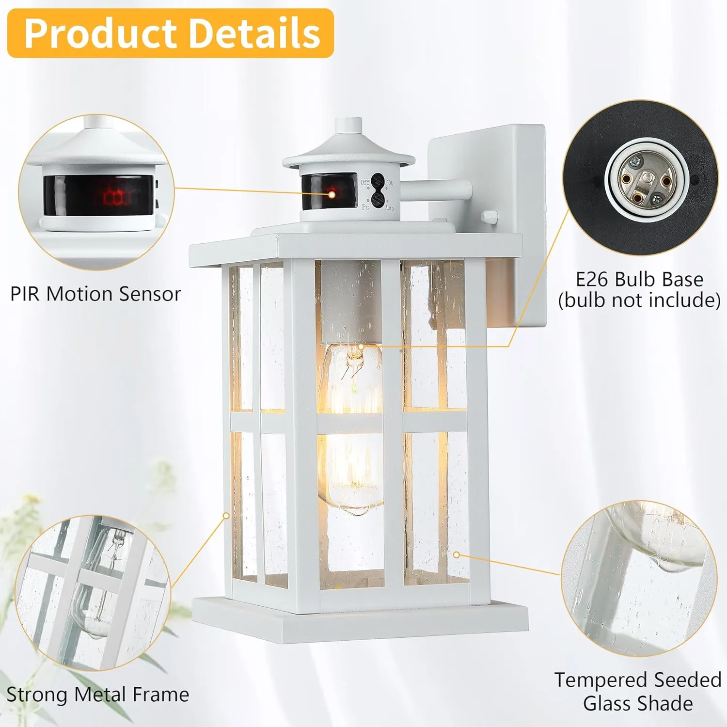 Motion Sensor Outdoor Porch Light Fixture,Dusk to Dawn Exterior Wall Mount Lantern Lighting,White Industrial Anti-Rust Wall Sconce for Door,Garage,Patio. HWBD001-1-WH-GY