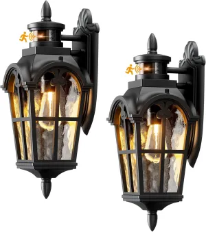 Motion Sensor Outdoor Wall Lights 2 Pack, 220° Dusk to Dawn Exterior Lighting Fixtures with Tempered Glass, Vintage Style IP65 Waterproof for Porch, Garage, House (Blcak)