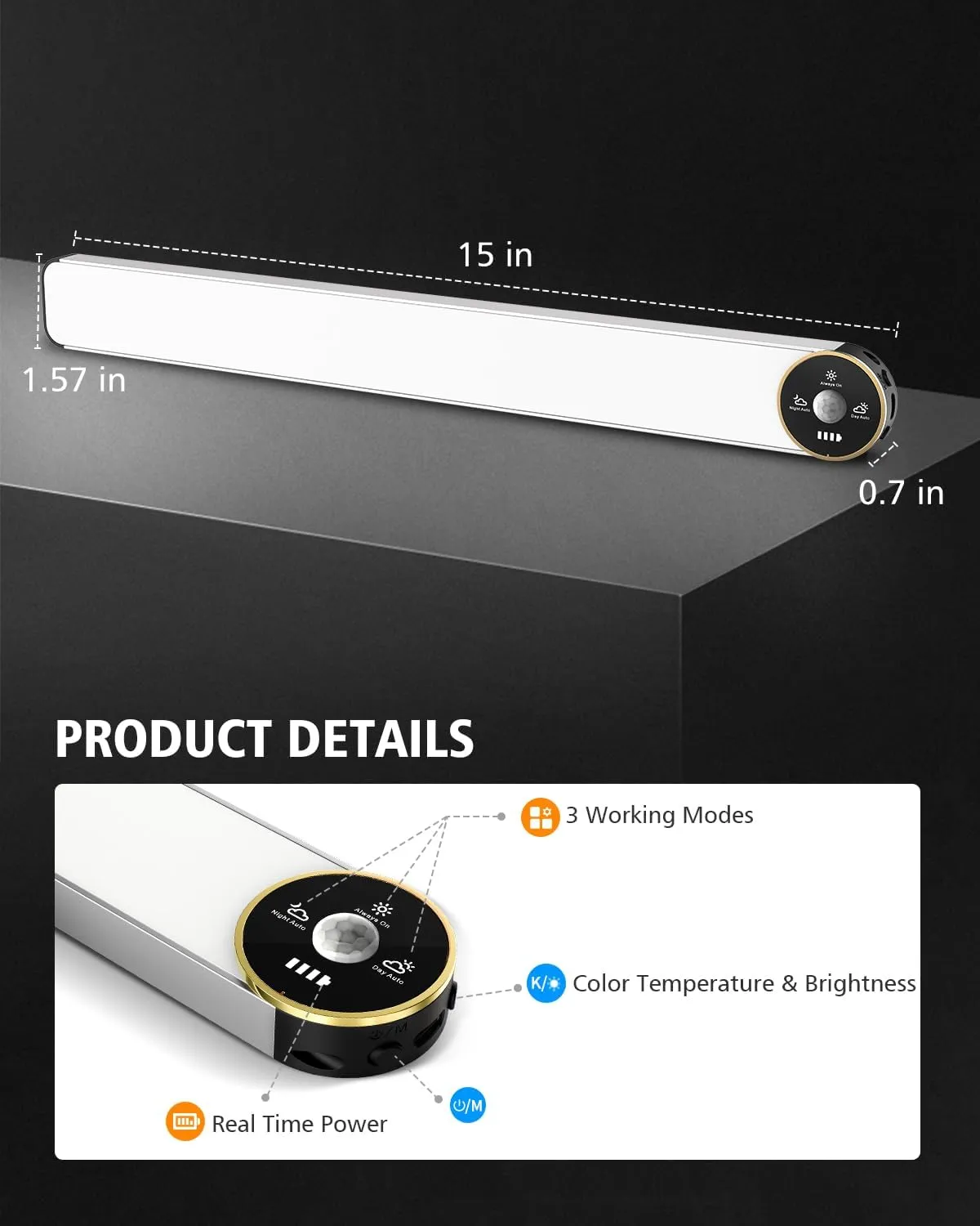 Motion Sensor Under Cabinet Lights, 3-Color Dimmable, 84 LED 15Inch Wireless Closet Lighting, Rechargeable 3200mAh Battery, Digital Display, Perfect for Kitchen & Indoor Use