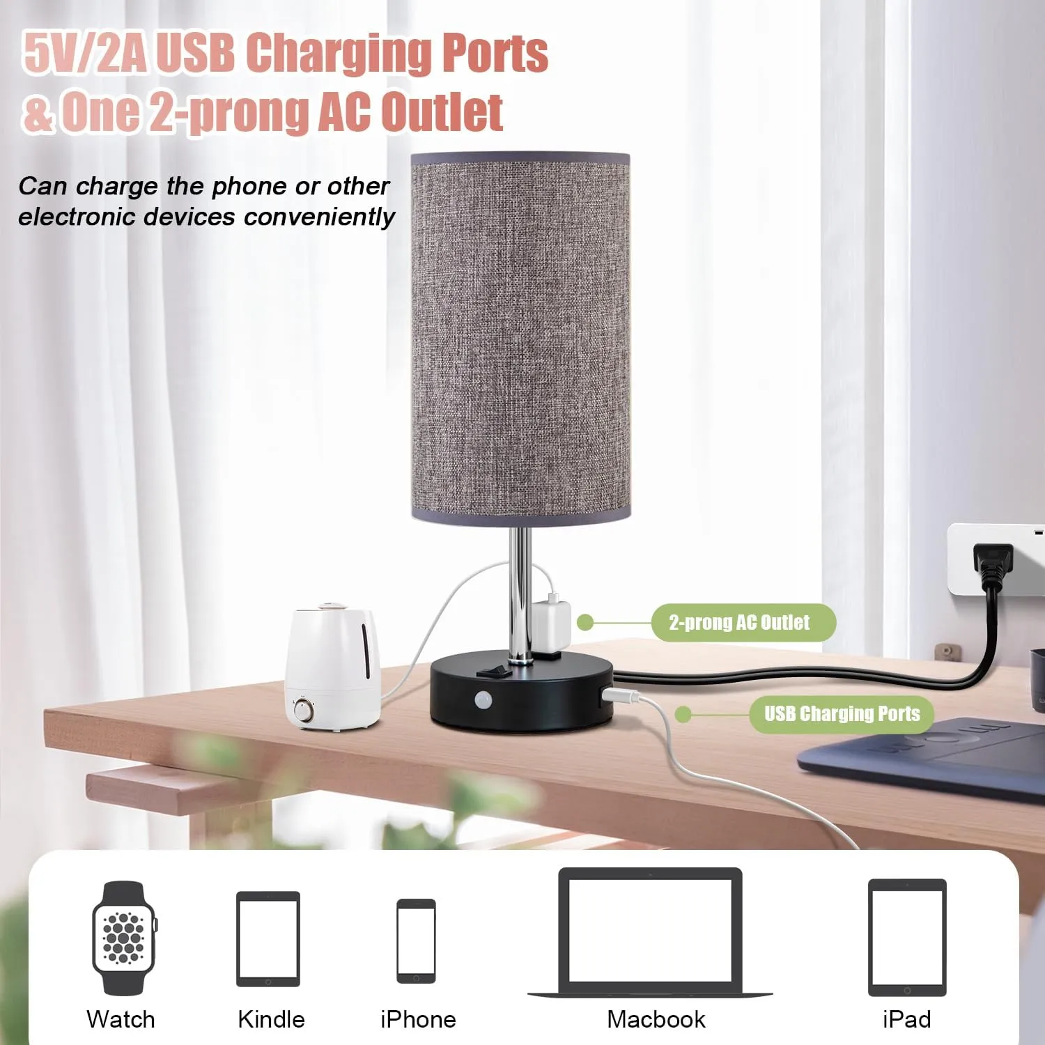 Motion Sensor USB Lamp with Warm White Bulb, Fabric Shade, Built-in USB Port & AC Outlet - Bedside Lamp for Bedroom or Living Room