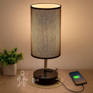 Motion Sensor USB Lamp with Warm White Bulb, Fabric Shade, Built-in USB Port & AC Outlet - Bedside Lamp for Bedroom or Living Room