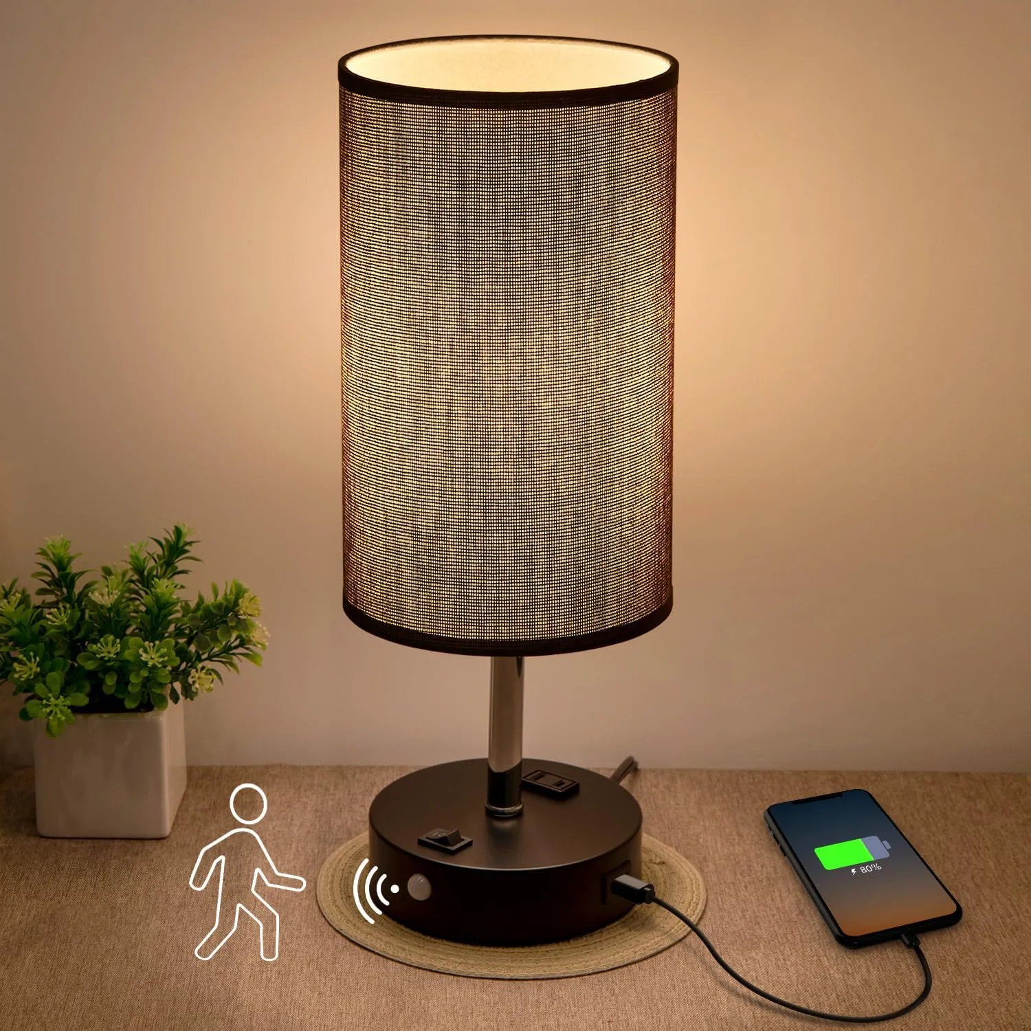 Motion Sensor USB Lamp with Warm White Bulb, Fabric Shade, Built-in USB Port & AC Outlet - Bedside Lamp for Bedroom or Living Room