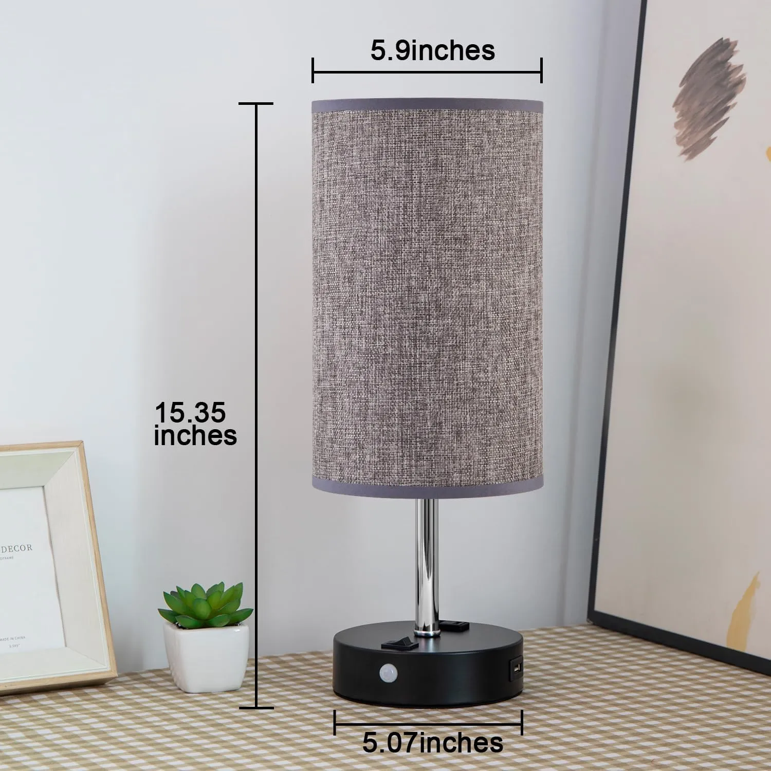 Motion Sensor USB Lamp with Warm White Bulb, Fabric Shade, Built-in USB Port & AC Outlet - Bedside Lamp for Bedroom or Living Room