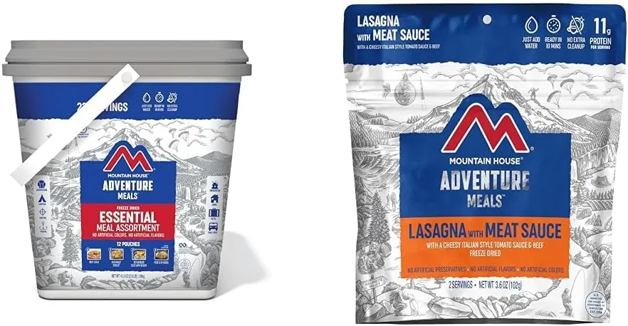 Mountain House Essential Bucket | Freeze Dried Backpacking & Camping Food | 22 Servings | Gluten-Free & Lasagna with Meat Sauce | Freeze Dried Backpacking & Camping Food |2 Servings