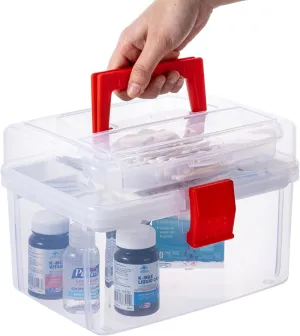 MyGift 10 Inch Premium Clear First Aid Bin with Detachable Tray and Quick Access Top Lid Flap, Portable Emergency Kit, Medical Supply Travel Tote, Medicine Storage Box Container (Red)