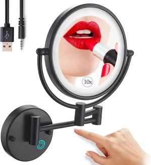 NaDrn Wall Mounted Makeup Mirror with 10X Magnification, 8 Inch Double Sided Vanity Magnifying Vanity Mirror with LDE Lights for Girls, USB Rechargeable, Matte Black