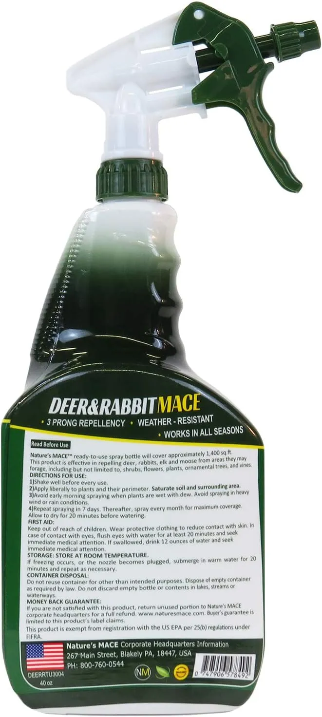 Nature’s MACE Deer and Rabbit MACE 40oz Spray, Deer Repellent for Plants, Repel Deer from Your Home & Garden, Safe to use Around Children, Plants & Produce, Protect Your Garden Instantly