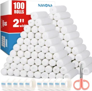 NAVONA Gauze Rolls 2 inch Pack of 100, Individually Rolled Gauze 2 in x 4.1 Yards, Non Sterile, Premium First Aid Supplies & Medical Supplies