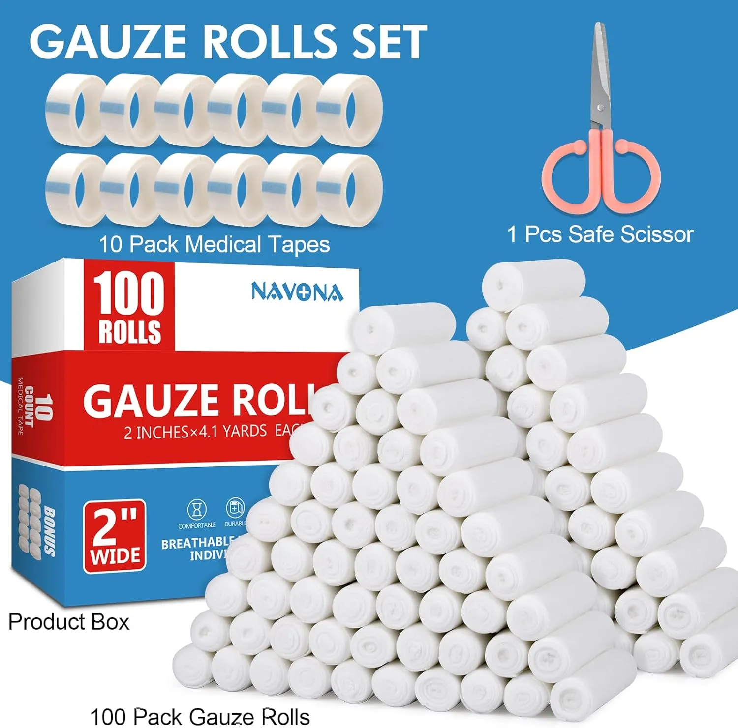 NAVONA Gauze Rolls 2 inch Pack of 100, Individually Rolled Gauze 2 in x 4.1 Yards, Non Sterile, Premium First Aid Supplies & Medical Supplies