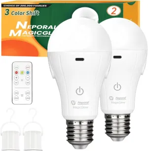 Neporal MagicGlow Rechargeable Light Bulbs with Remote, 3 Colors Shift   Dimmable Battery Powered Light Bulbs, USB Rechargeable, A19 Standard Emergency LED Light Bulbs, 15W, Up to 24 Hours, 2 Pack