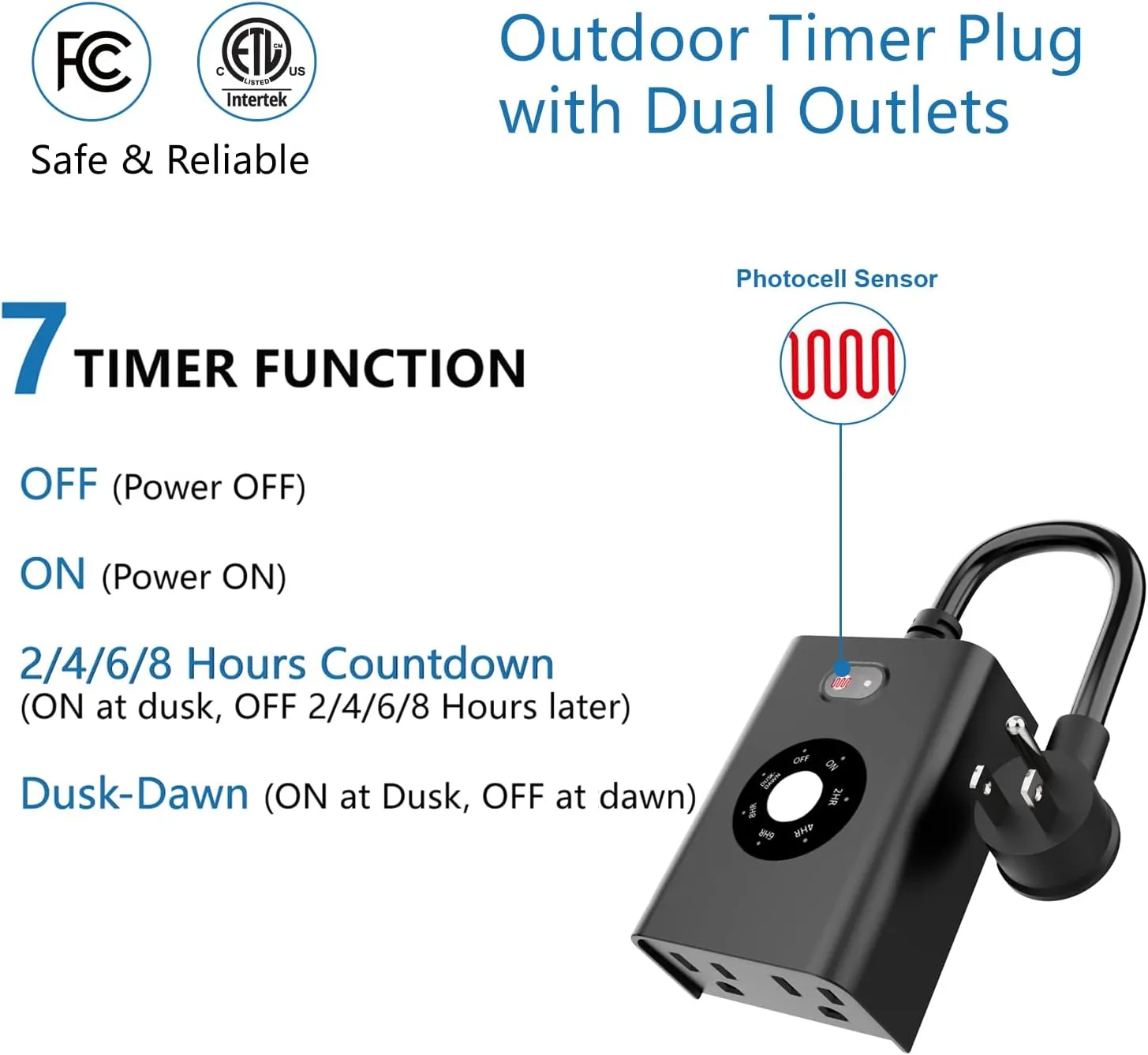 New One Outdoor Sensor Timer for Lights - Dusk to Dawn, Waterproof with 2 Grounded Outlets, Weatherproof Countdown 7 Modes for Garden, Courtyard and Home Holiday