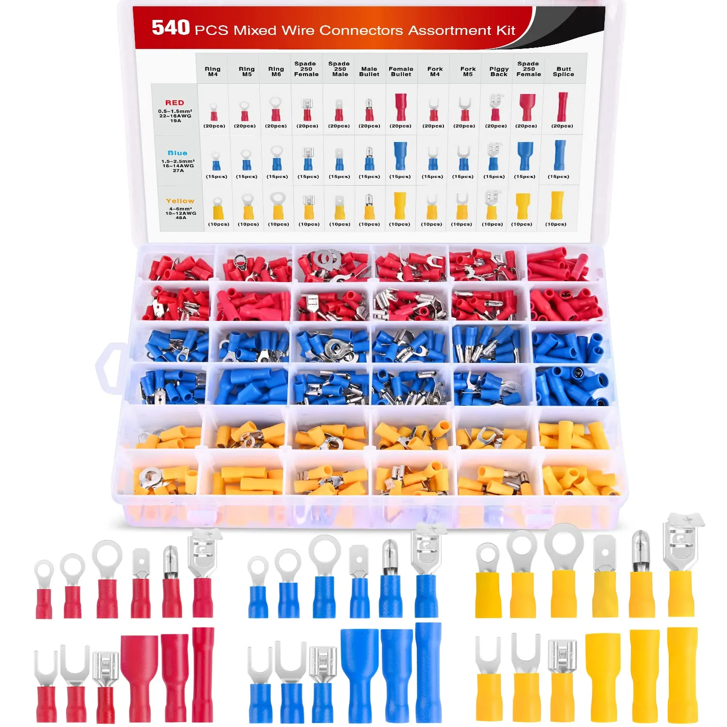Nilight 540PCS Mixed Quick Disconnect Electrical Insulated Butt Bullet Spade Fork Ring Solderless Crimp Terminals Wire Connectors Assortment Kit