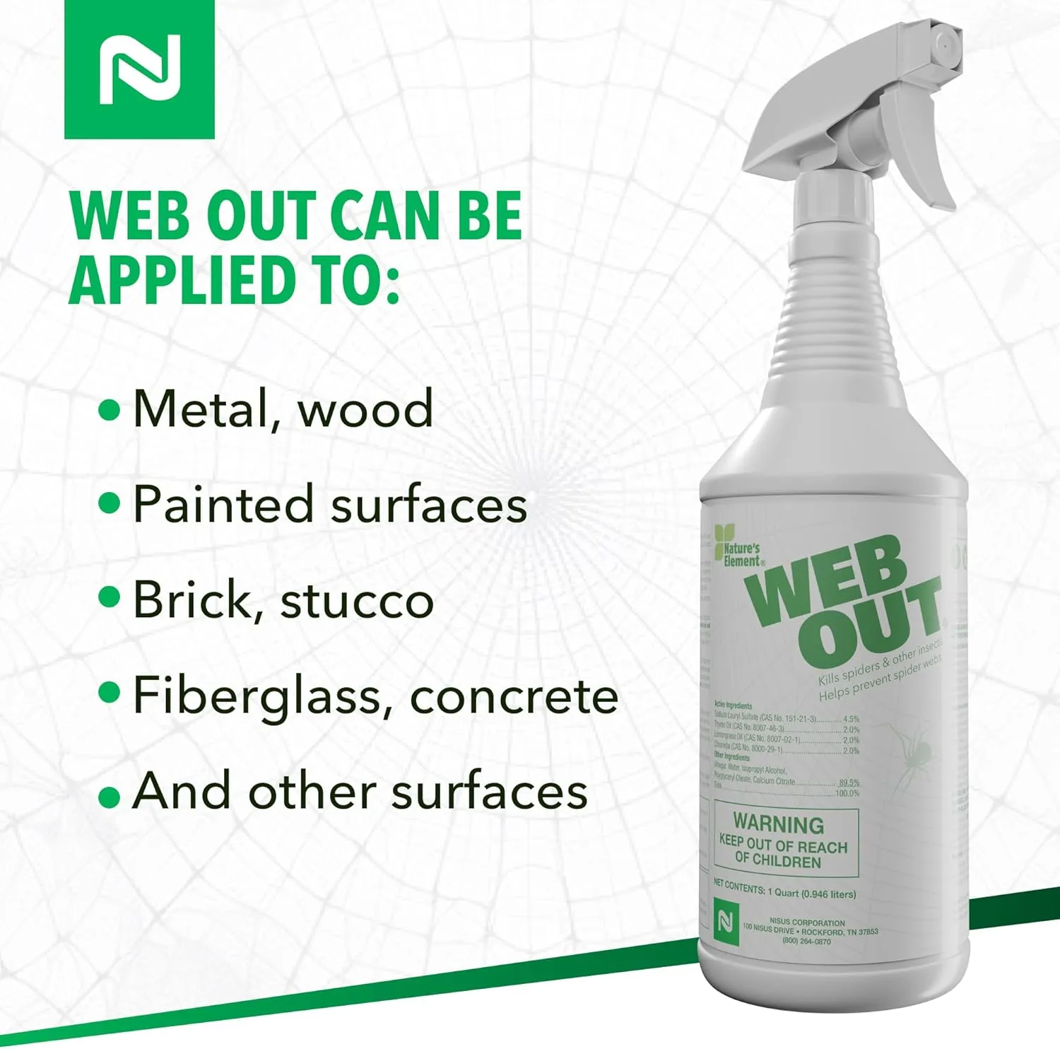 Nisus Web Out Cobweb Eliminator and Repels Spiders, Ants, Mosquitoes, Cockroaches, Aids in Web Control, Ready-to-Use Biodegradable Spray, 1 Quart
