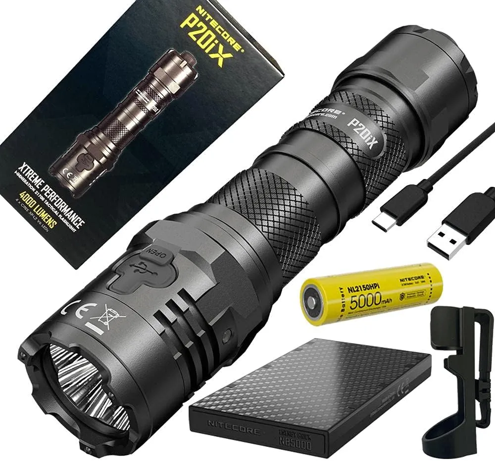 Nitecore P20iX USB-C Rechargeable LED Flashlight - 4000 lumen - w/ NB5000 5,000mAh PowerCharger, Holster and Battery Included