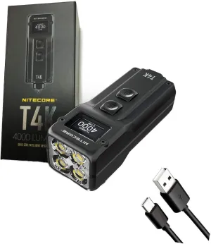 Nitecore T4K Type-C Rechargeable Keychain XP-L2 Flashlight - 4000 Lumen with Eco-Sensa Type-C USB Charging Cable