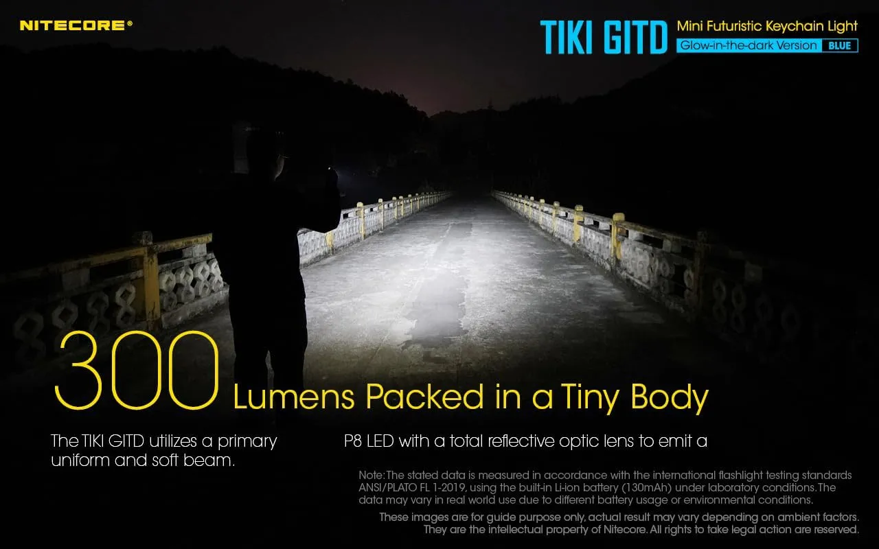 Nitecore Tiki GITD Blue Keychain Flashlight with UV & High CRI Light, 300 Lumen Everyday Carry EDC USB-C Rechargeable with Charging Cable