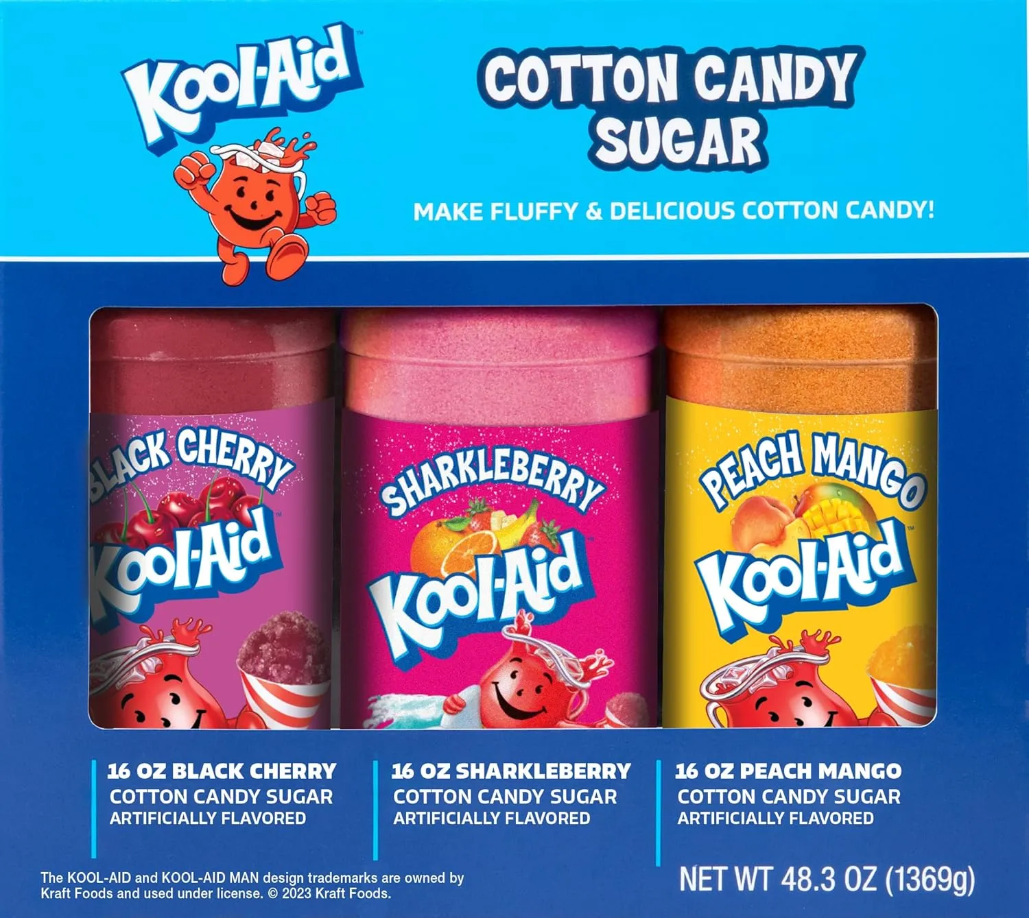 Nostalgia Kool-Aid Cotton Candy Flossing Sugar Party Kit 3-Pack, Black Cherry, Sharkleberry, Peach Mango, 3-16 oz bottles - 48 total ounces - Bottles of Cotton Candy Sugar Mix