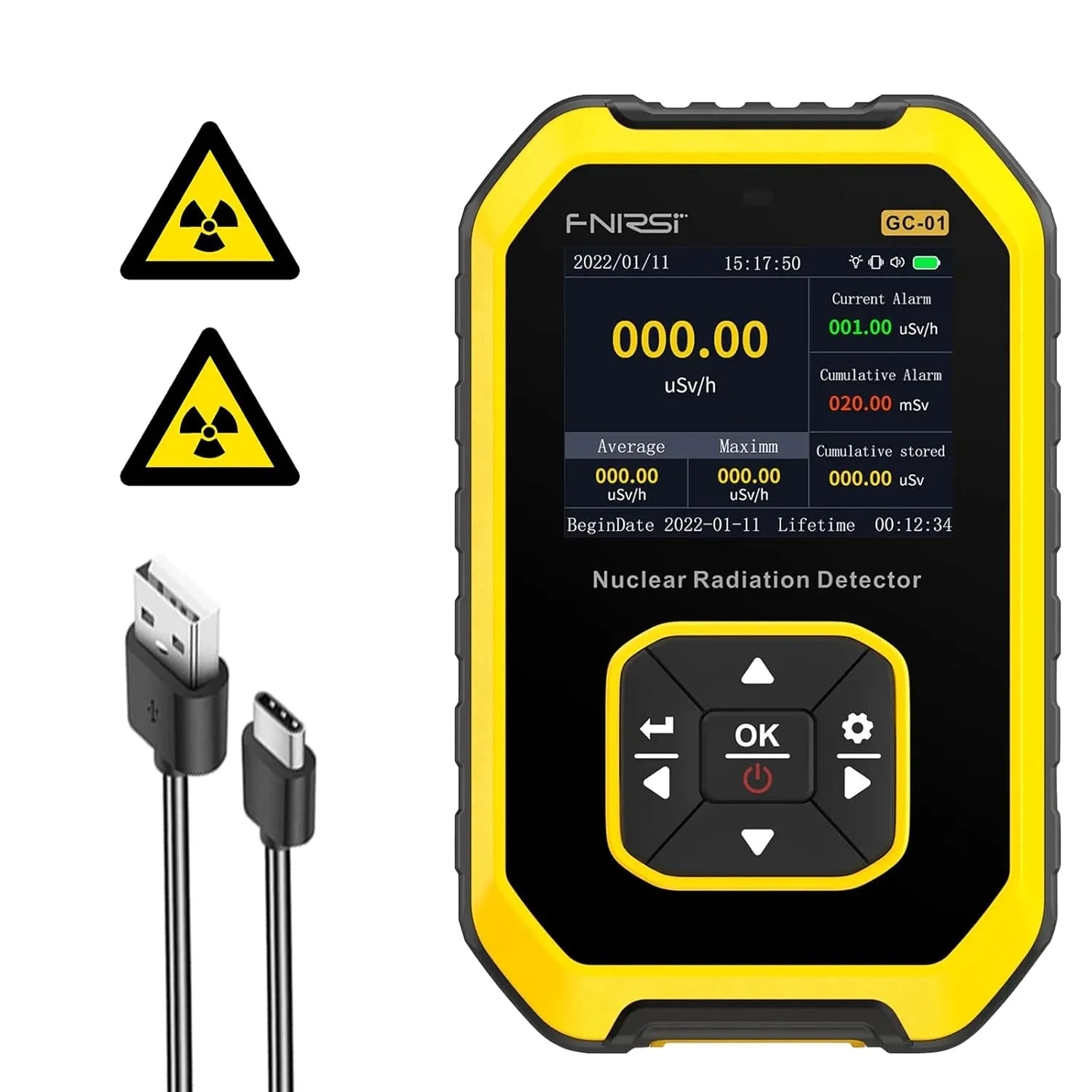 Nuclear Radiation Detector GM Geiger Counter, Sensitive Radiation Dosimeter Monitor Radioactive Beta Gamma X-ray CPM Level w/Alarm, 5 Dosage Units, Max/AVG Real Time Reading Display