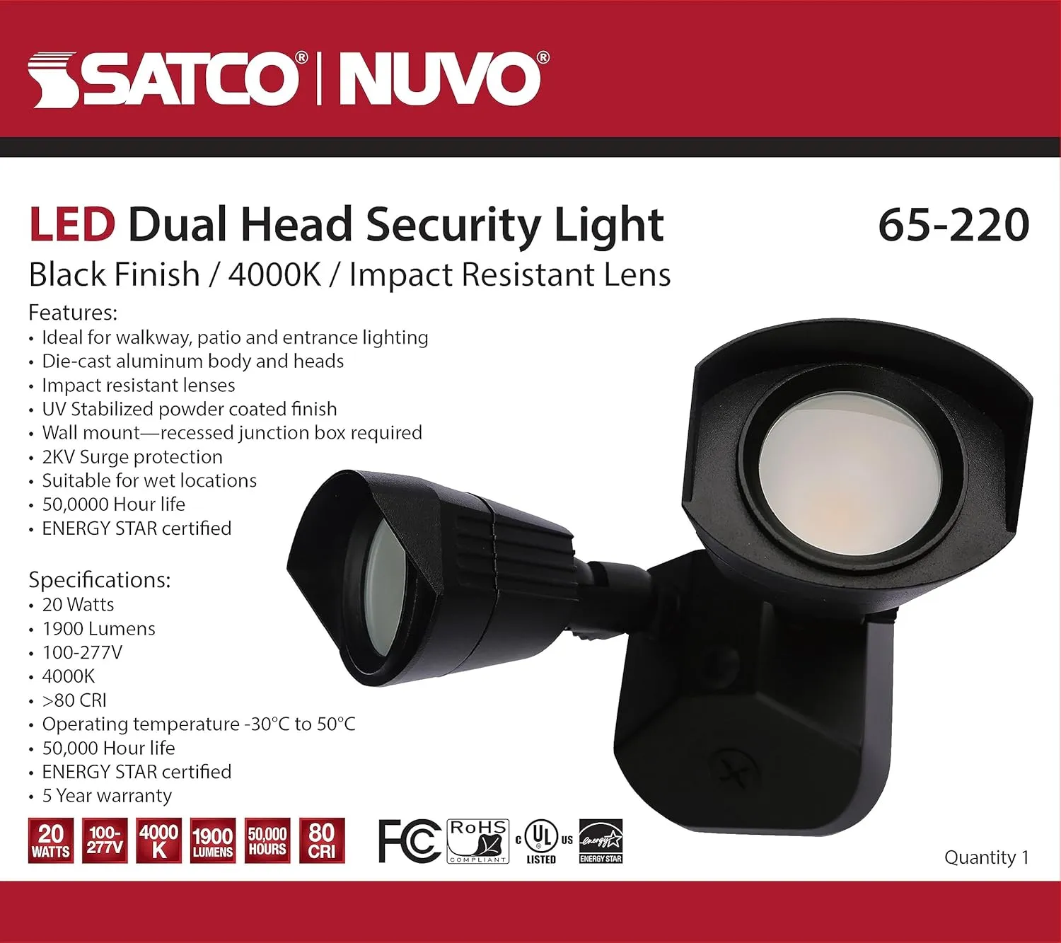 Nuvo 65/220 LED Dual-Head Security Light, 4000K, Black