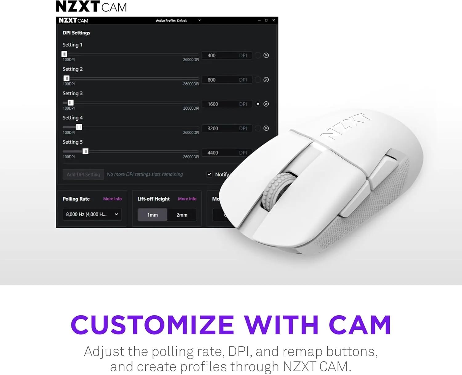 NZXT Lift Elite Wireless Gaming Mouse - Ultra-Lightweight 57 g - 4K/8K Polling Rates, Optical Switches, 26K DPI Optical Sensor - 70-Hour Battery - Rubber Side Grips - 5 Programmable Buttons - White