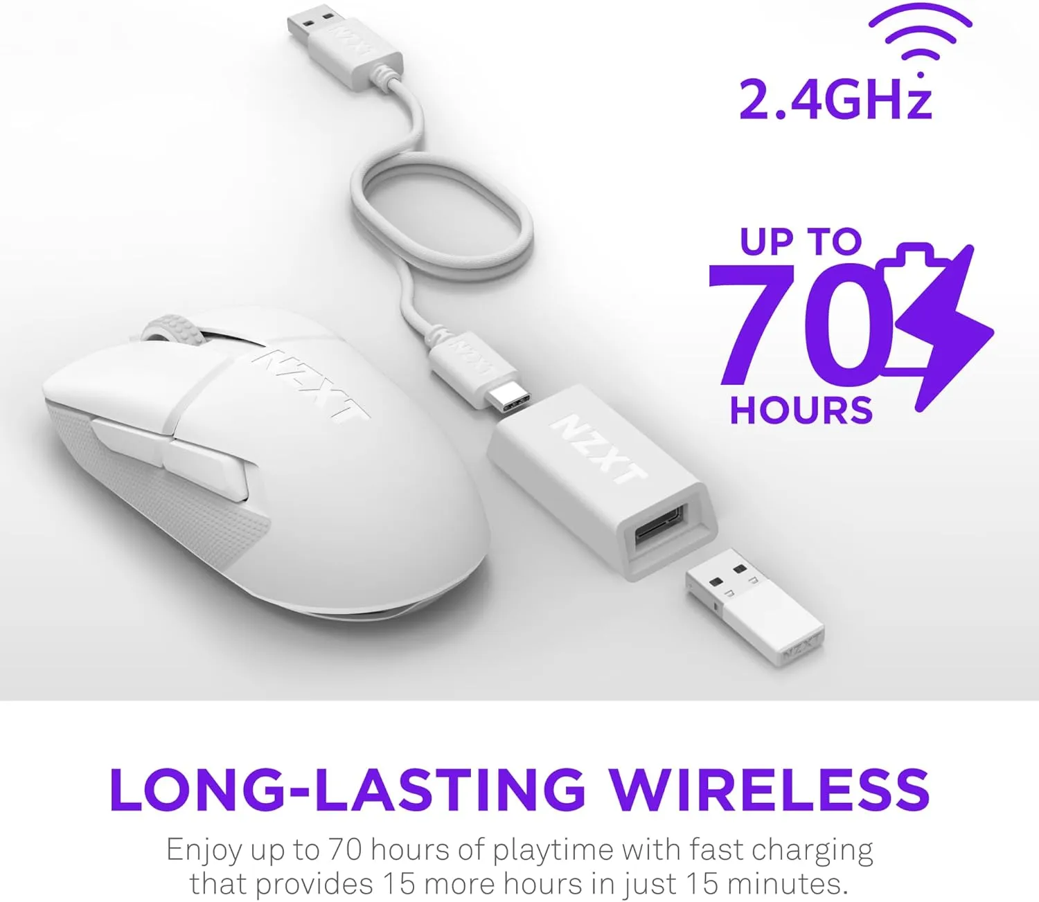 NZXT Lift Elite Wireless Gaming Mouse - Ultra-Lightweight 57 g - 4K/8K Polling Rates, Optical Switches, 26K DPI Optical Sensor - 70-Hour Battery - Rubber Side Grips - 5 Programmable Buttons - White