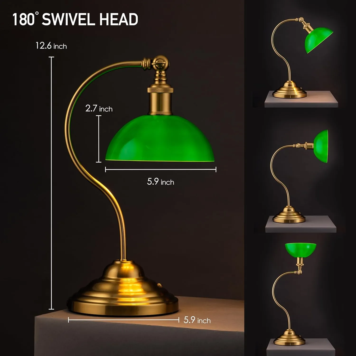 O'Bright Bankers - Cordless LED Table Lamp, Battery-Operated, Rechargeable, 3-Level Dimming, Universal USB-C Charging, 180° Swivel Head, Classic Green Glass Shade, Antique Brass
